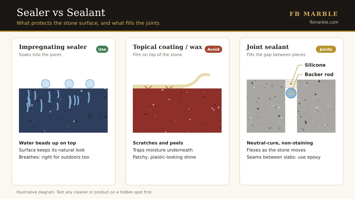 Diagram showing impregnating sealer inside stone pores, a topical coating, and a joint sealant with backer rod