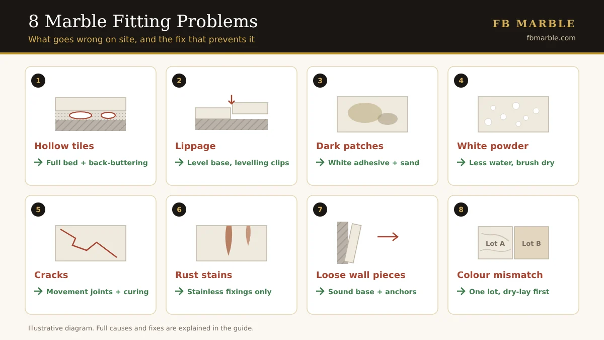 Diagram of 8 common marble fitting problems and their fixes