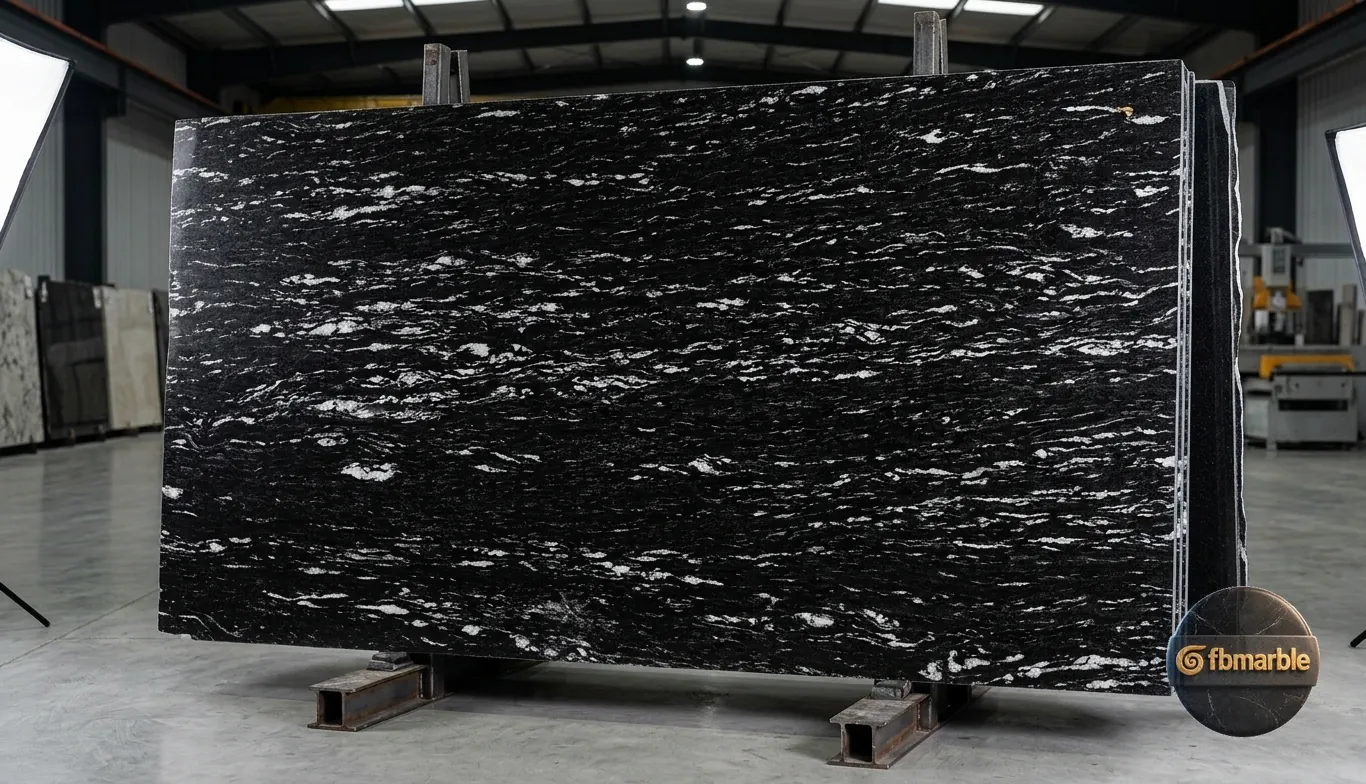 Black Juparana Granite β black granite with flowing silver-grey wave bands, 18mm polished slab