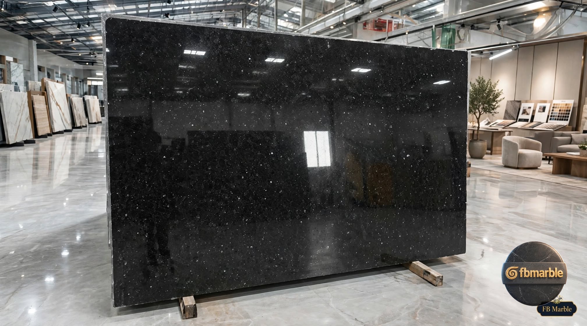 Polished Galaxy Black granite slab with gold flecks