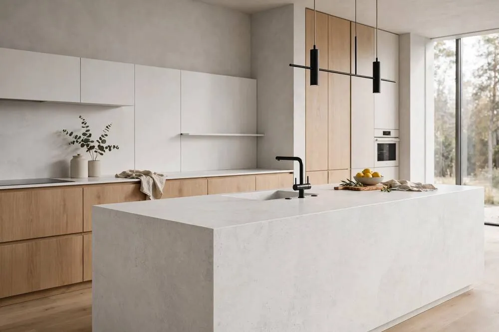 Minimalist porcelain slab kitchen countertop, Pakistan