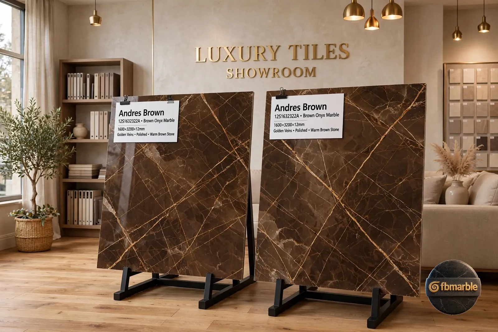 Andres Brown Porcelain β grey-brown marble-look porcelain with book-matched veining, 12mm polished slab