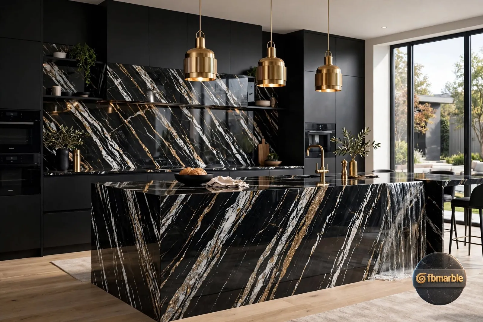 Brazilian Black Gold Porcelain β black marble-look porcelain with white and gold veins, 12mm textured slab