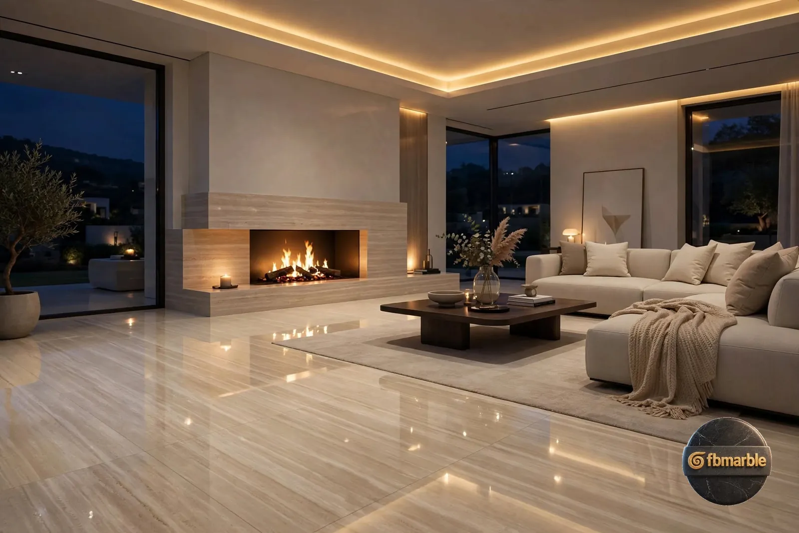 Cave photo 2 – cream travertine-look porcelain with linear texture