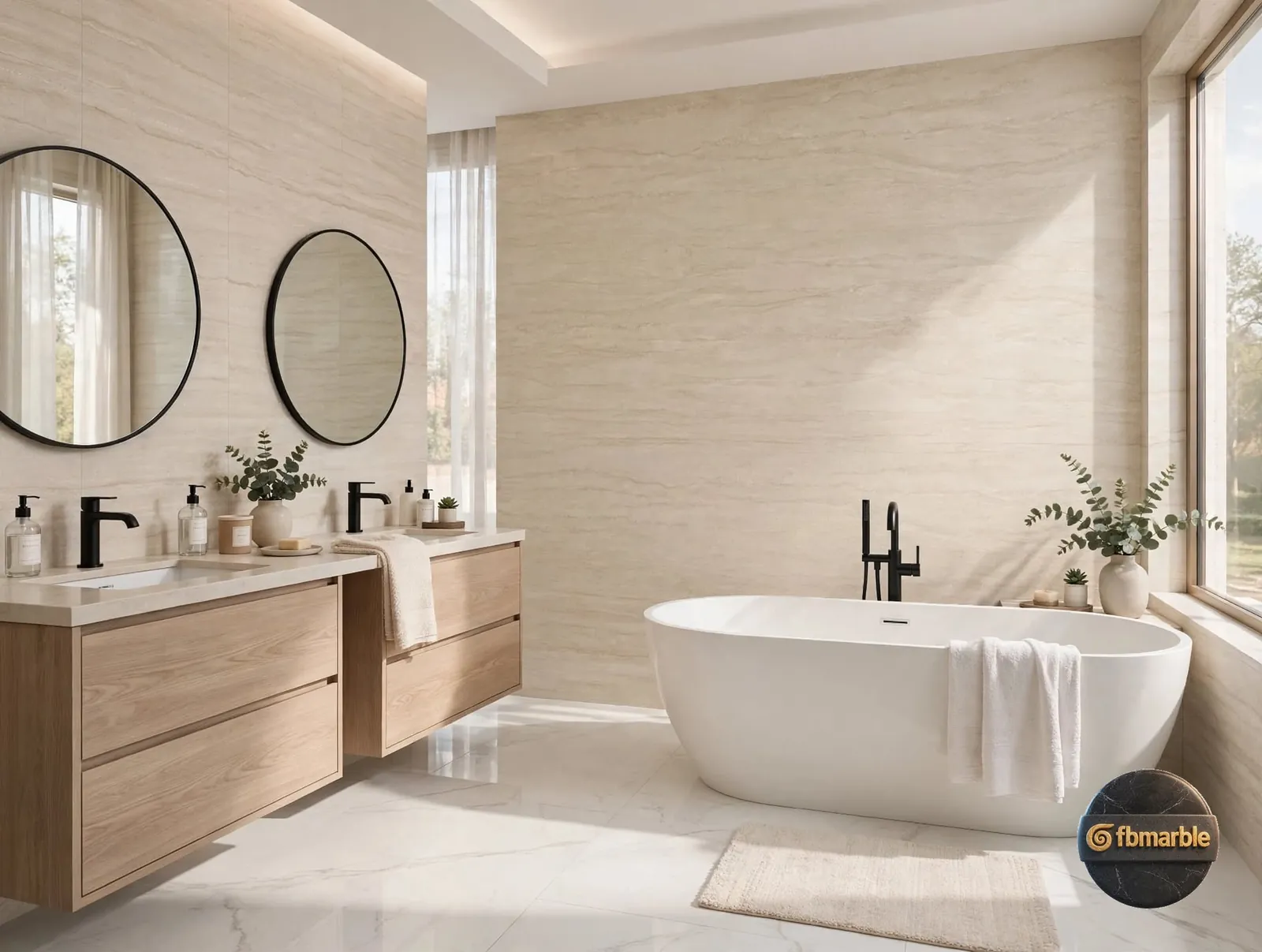 Cream Marble Slab photo 3 β cream travertine-look porcelain with fine linear veins