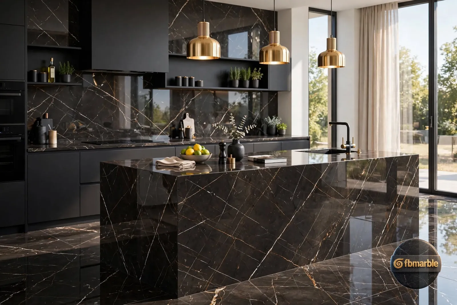 Diokin Porcelain β black marble-look porcelain with dramatic white veining, 9mm polished slab