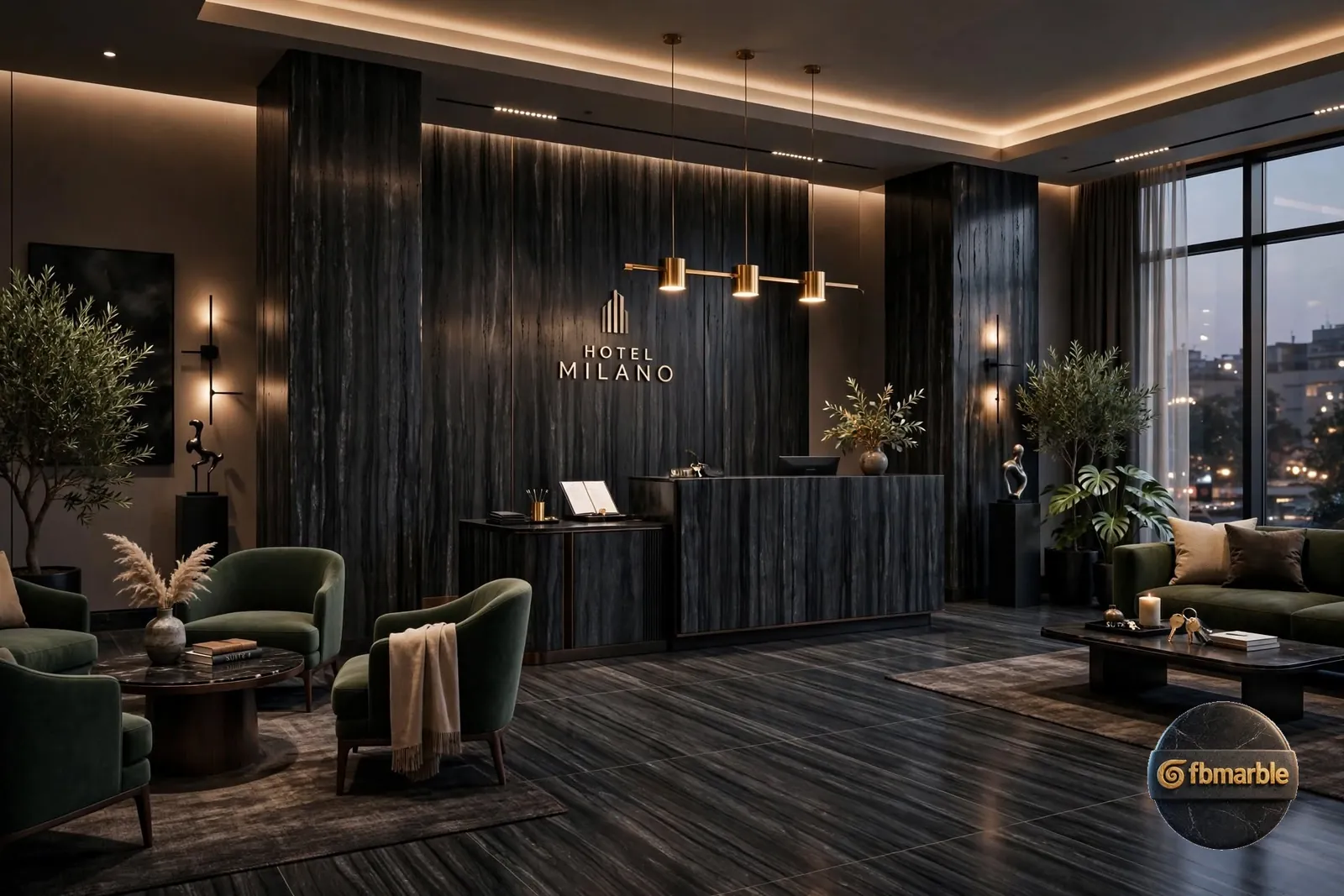 Milan Black Travertine Porcelain β charcoal travertine-look porcelain with fine linear grain, 12mm matt slab