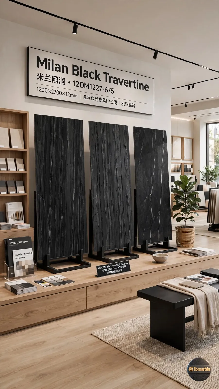 Milan Black Travertine photo 3 β charcoal travertine-look porcelain with fine linear grain