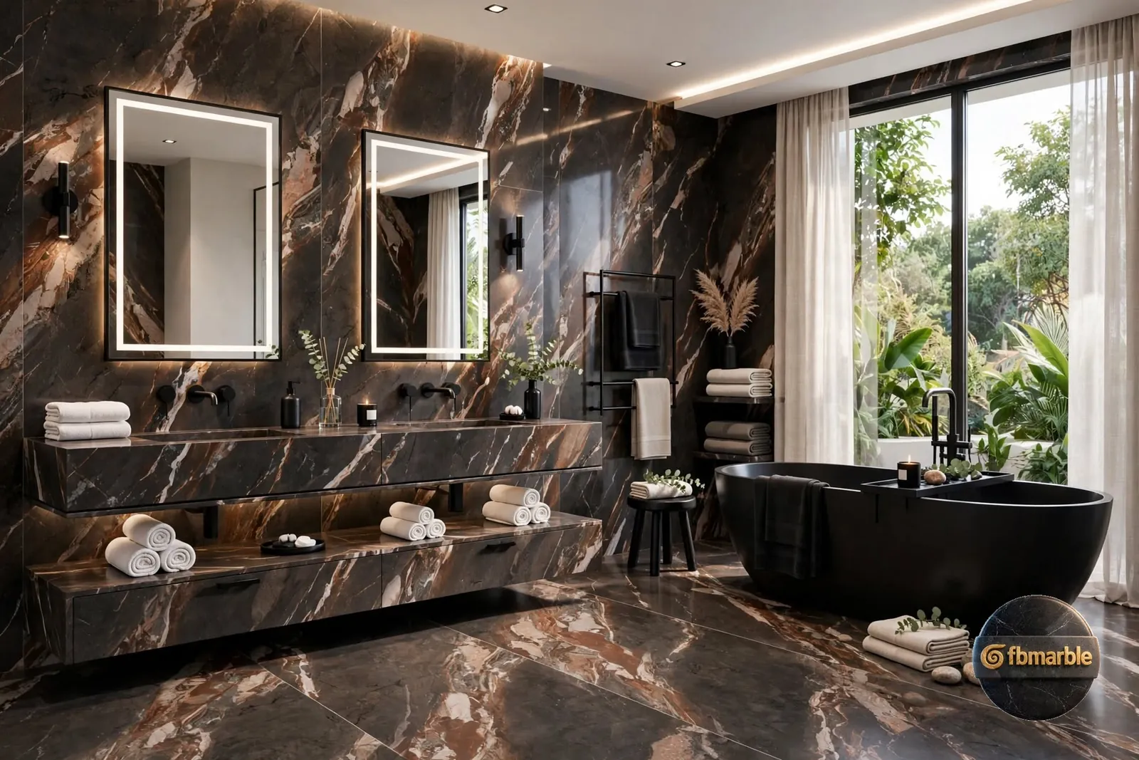 Positano Brown photo 3 – brown and rust marble-look porcelain with natural movement