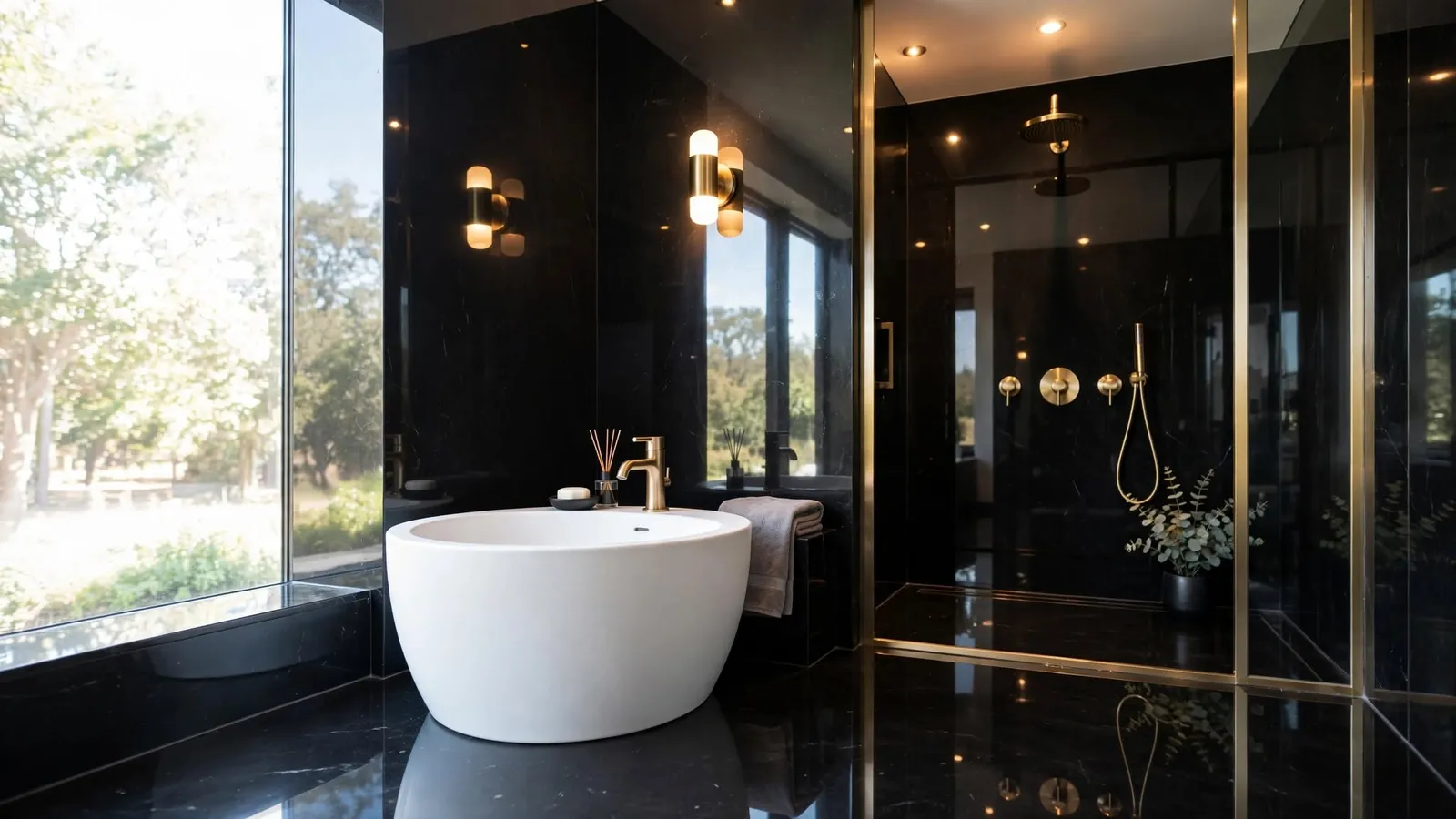 Silky Black marble bathroom walls – Silky Black Marble (design visualisation)