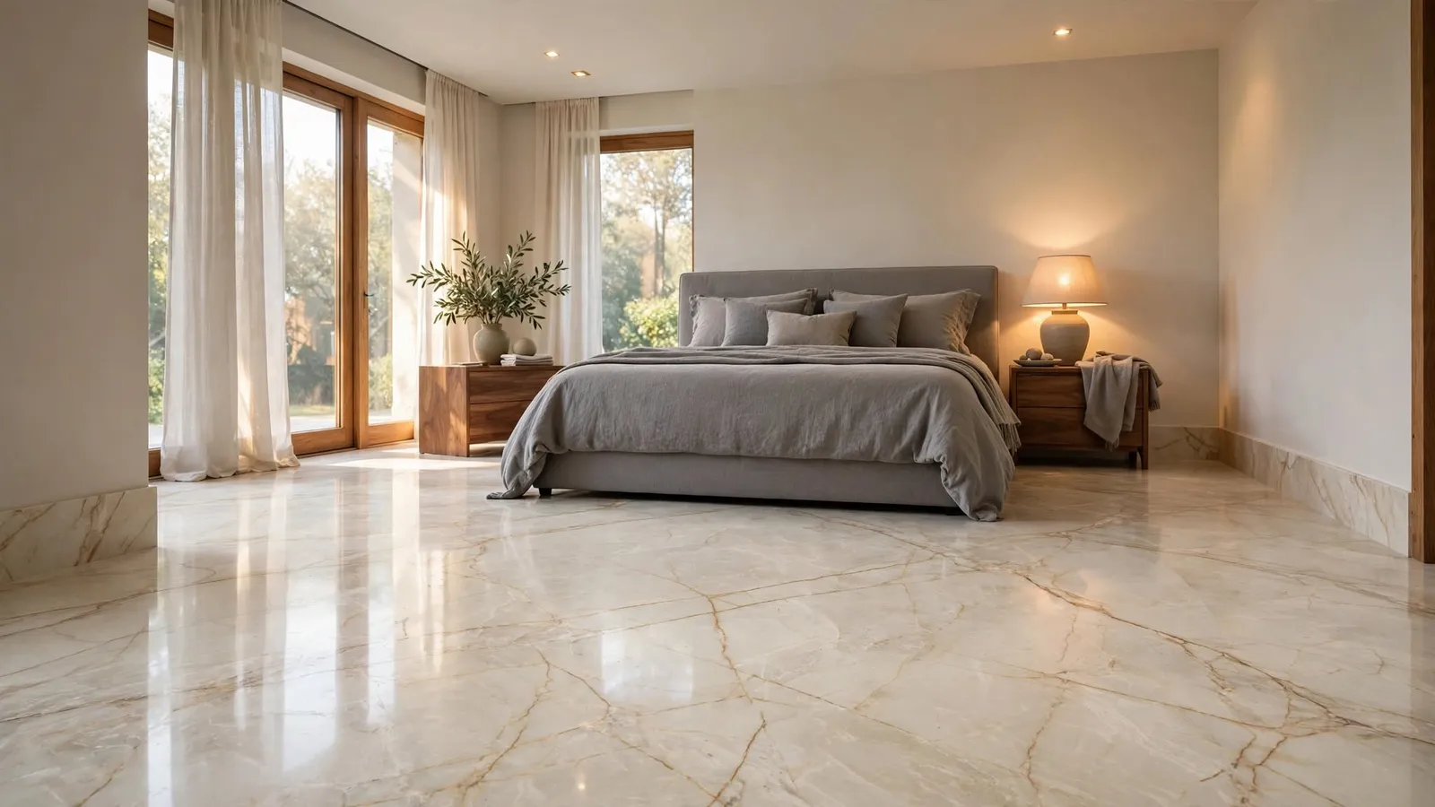 Bedroom with Crema Marfil marble floor – Cream Marfil Marble (design visualisation)