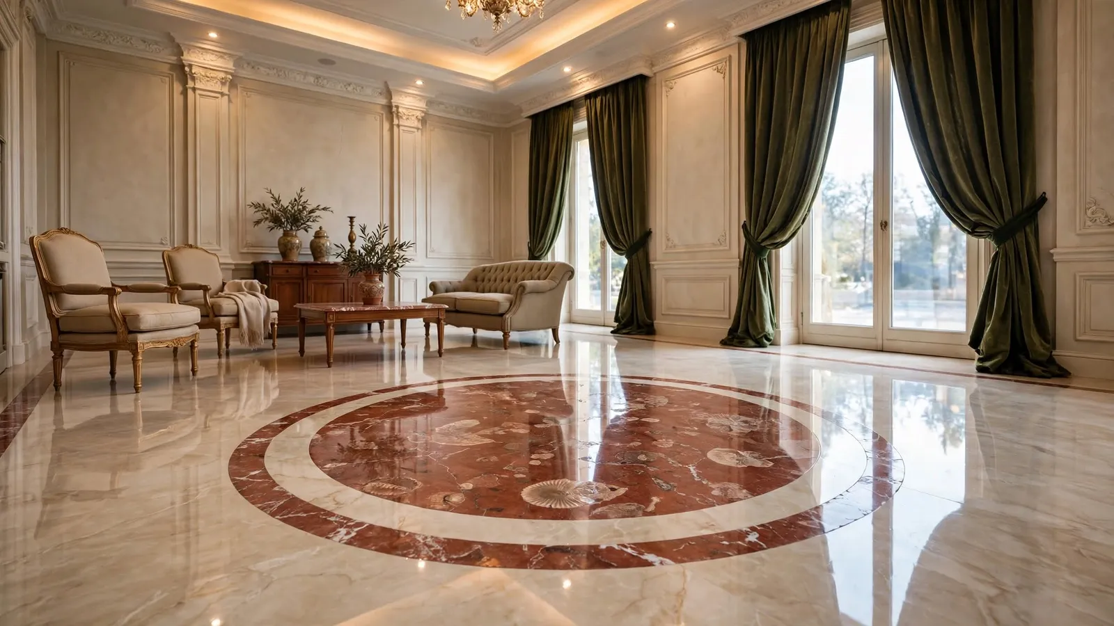 Botticino floor with Rosso Verona medallion – Botticino Marble (design visualisation)