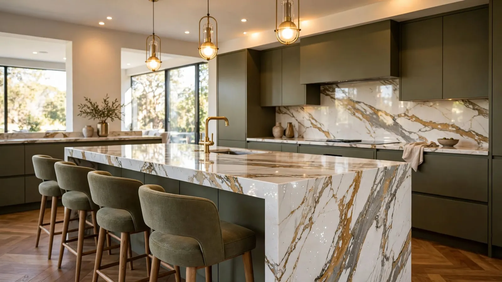 Waterfall island in Calacatta Gold quartz – Calacatta Gold (design visualisation)