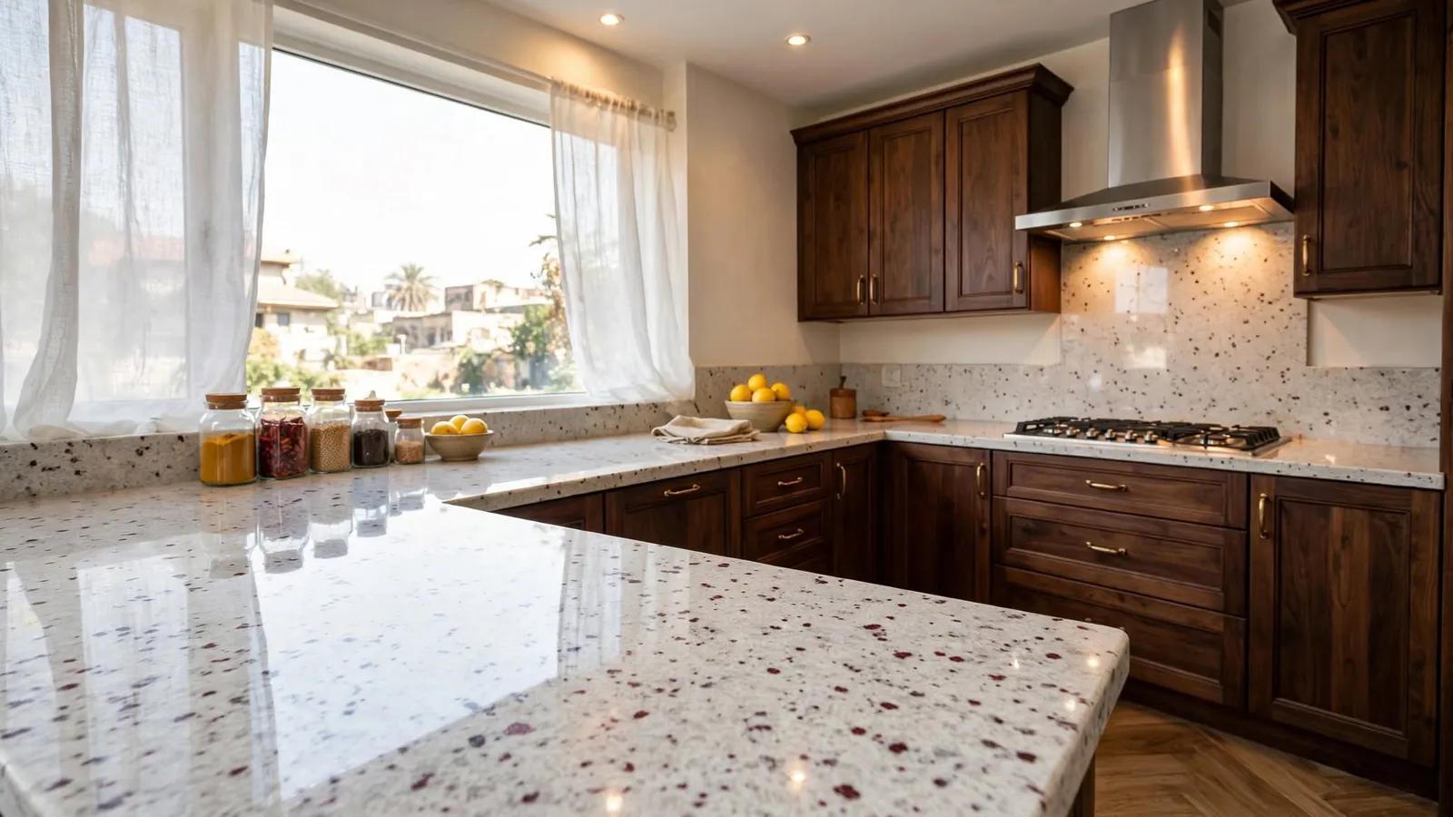 Kashmir White granite counters with walnut cabinets – Kashmir White Granite (design visualisation)