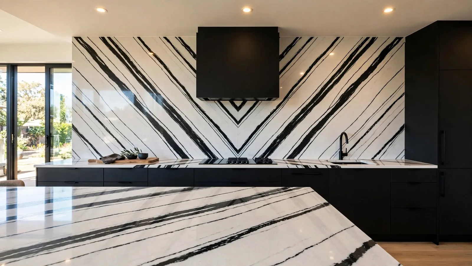 Panda White bookmatch quartz backsplash – Panda White Bookmatch (design visualisation)