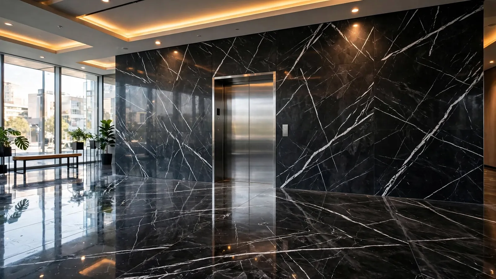 Office lobby in Mercedes Black porcelain – Mercedes Black (design visualisation)