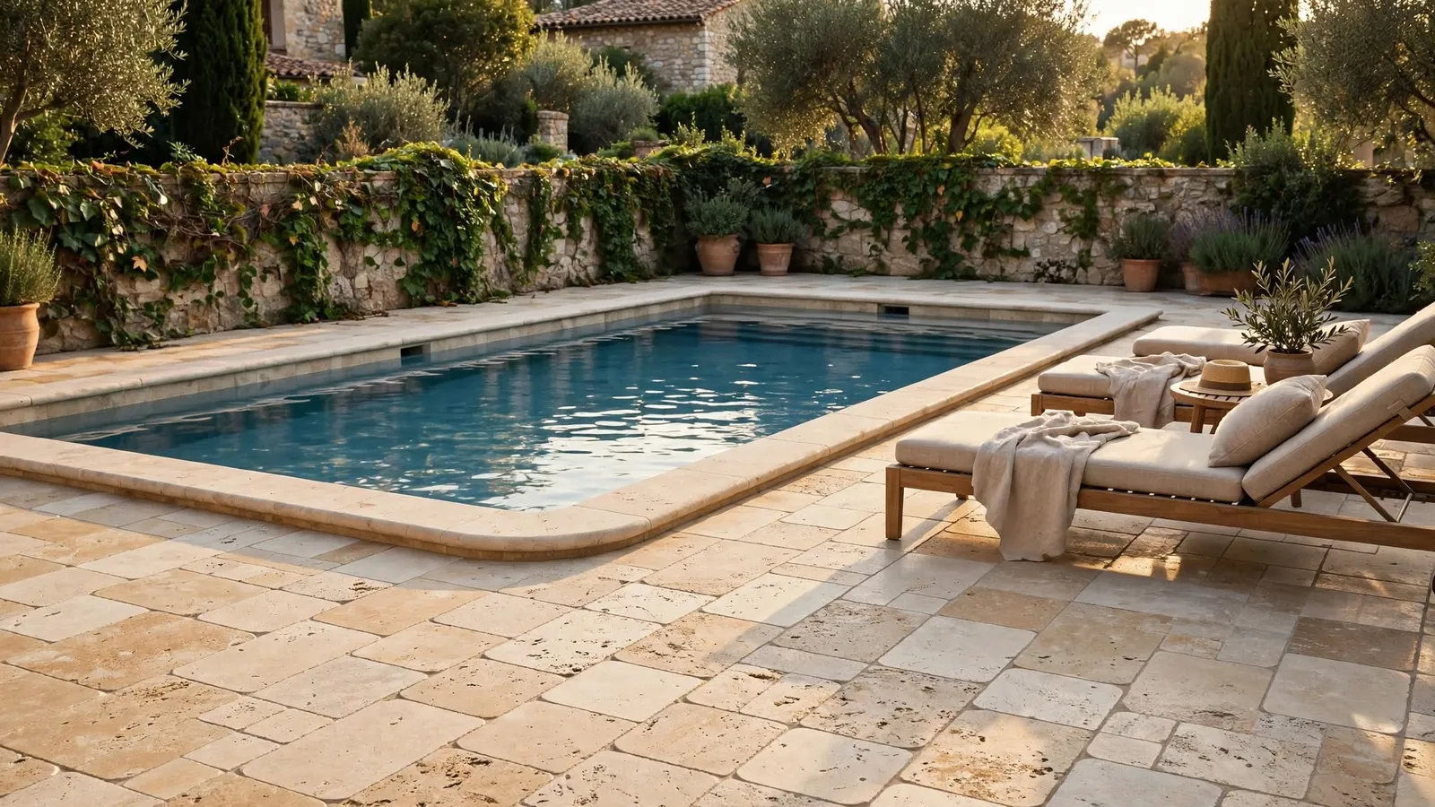 Pool deck in tumbled travertine – Tumbled Travertine (design visualisation)