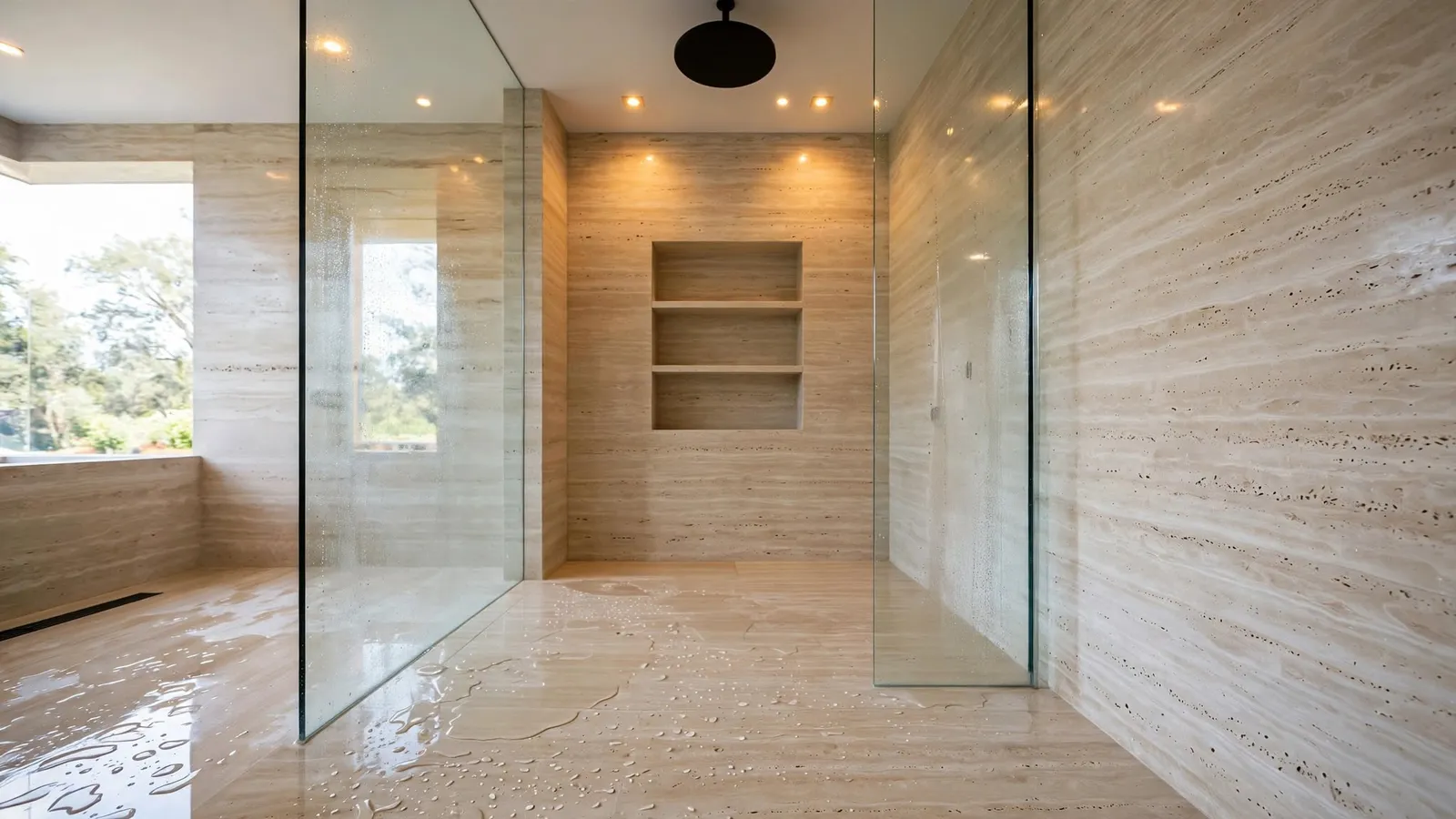 Shower in honed travertine – Honed Travertine (design visualisation)