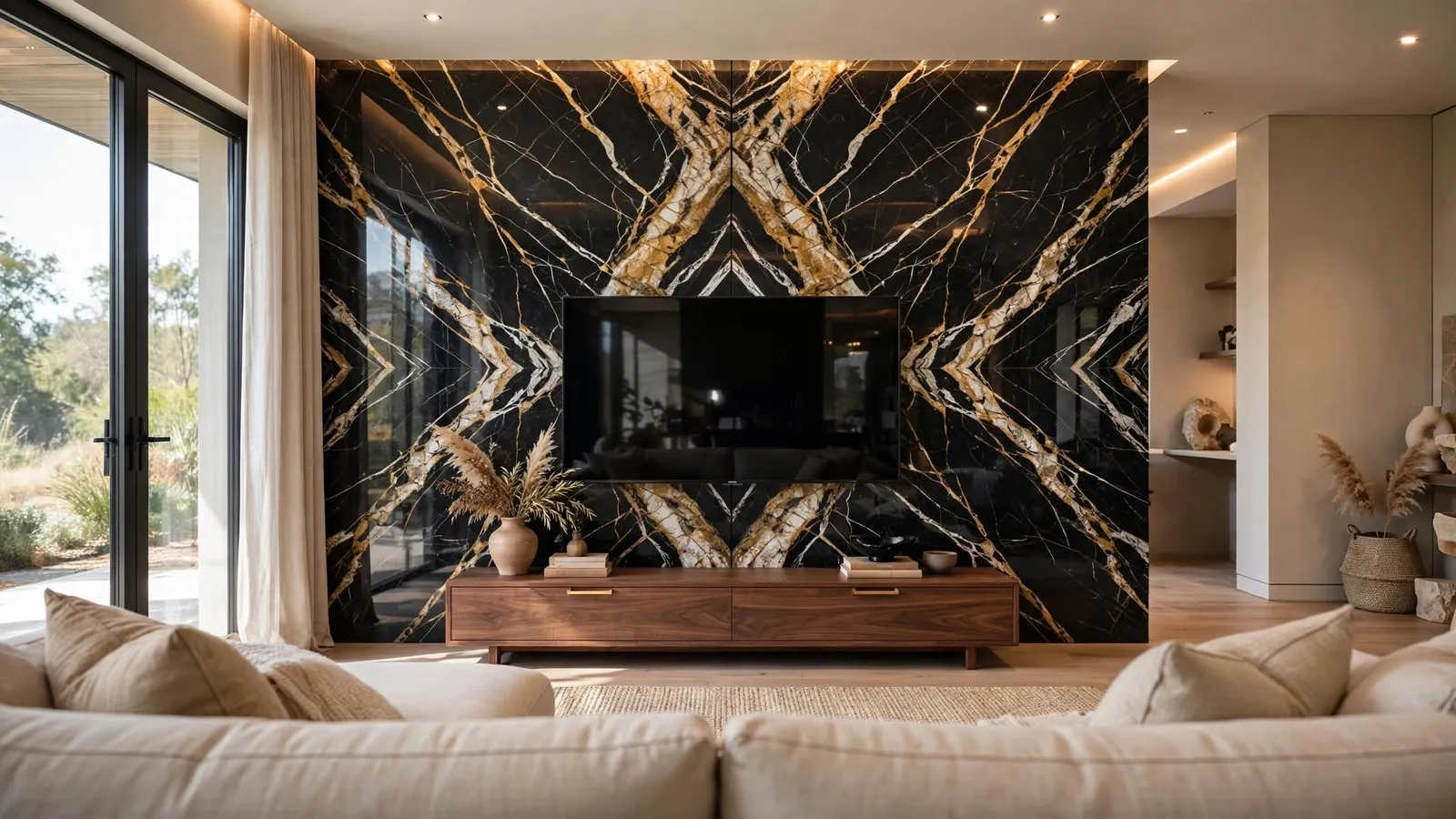 Bookmatched Black & Gold marble TV wall – Black and Gold Marble (design visualisation)