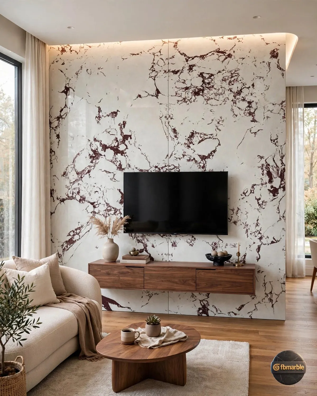 Antique Maroon Quartz living room feature wall