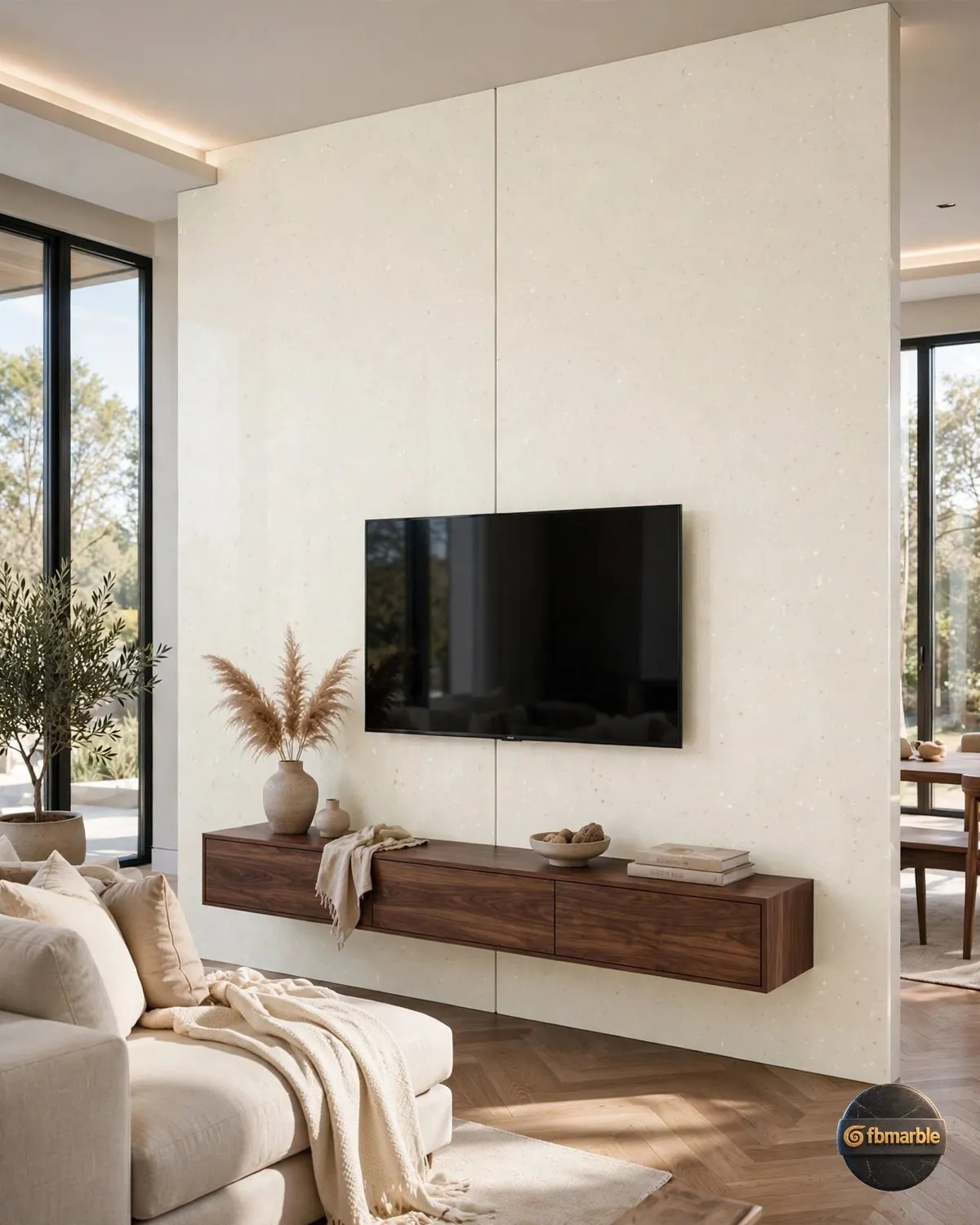 Artificial Cream Quartz living room feature wall