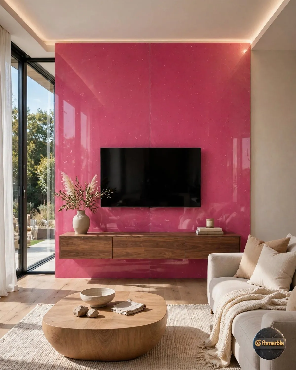 Bright Rose Quartz living room feature wall