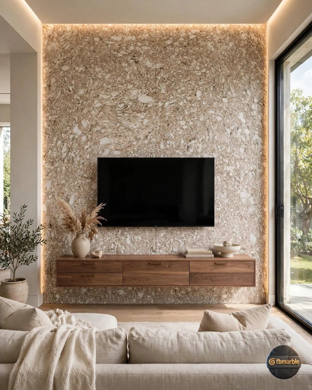 Brown Drill Quartz living room feature wall