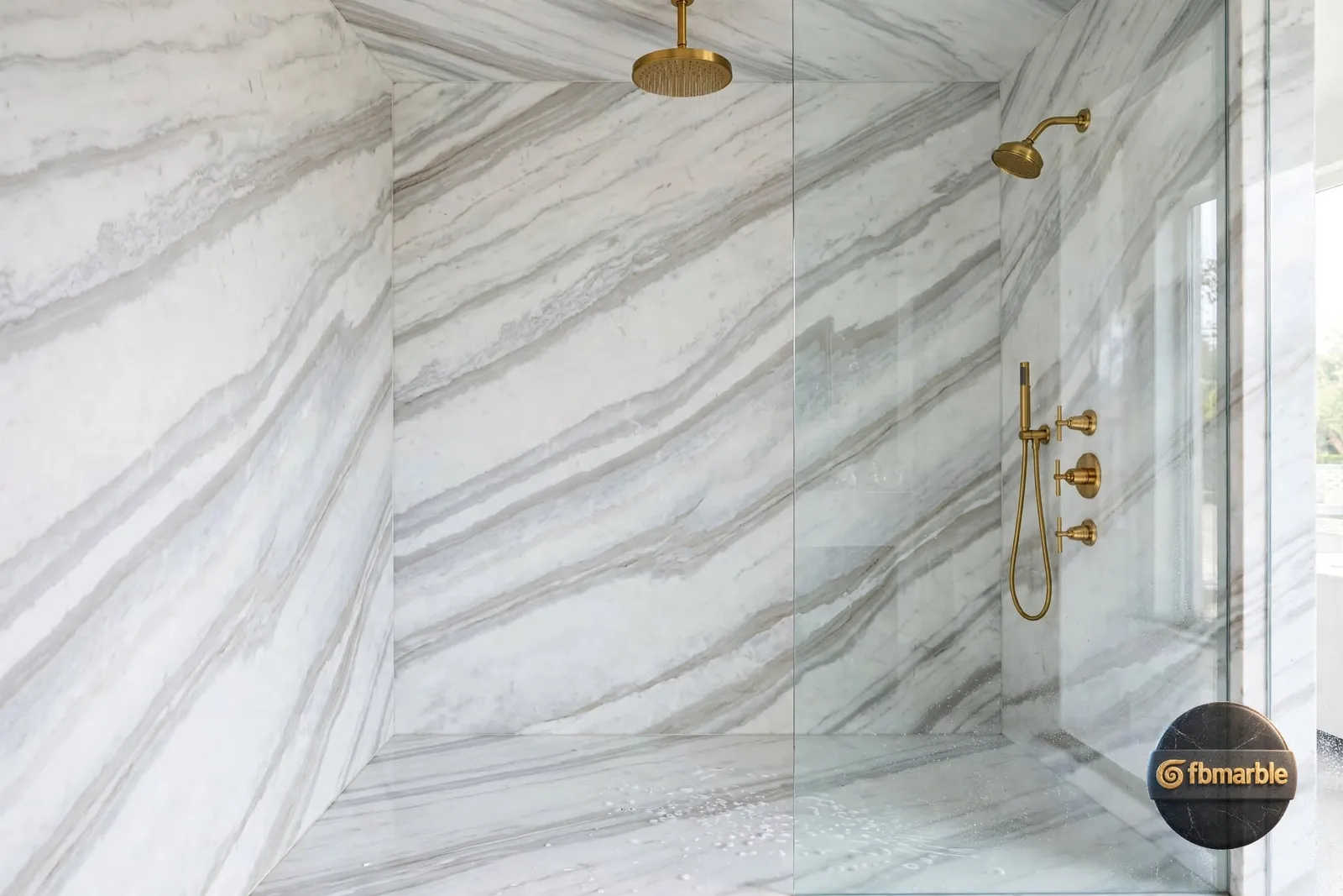 Calacatta Wave photo 2 – white quartz with soft flowing grey wave veins