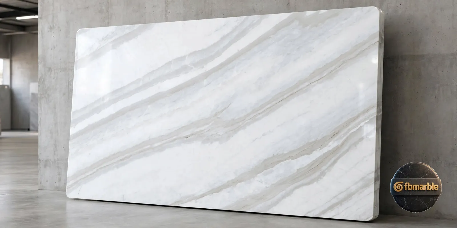 Calacatta Wave photo 3 – white quartz with soft flowing grey wave veins