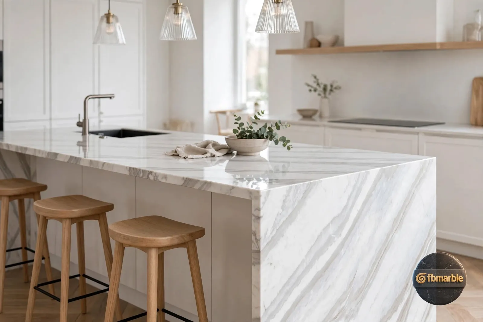 Calacatta Wave photo 4 – white quartz with soft flowing grey wave veins