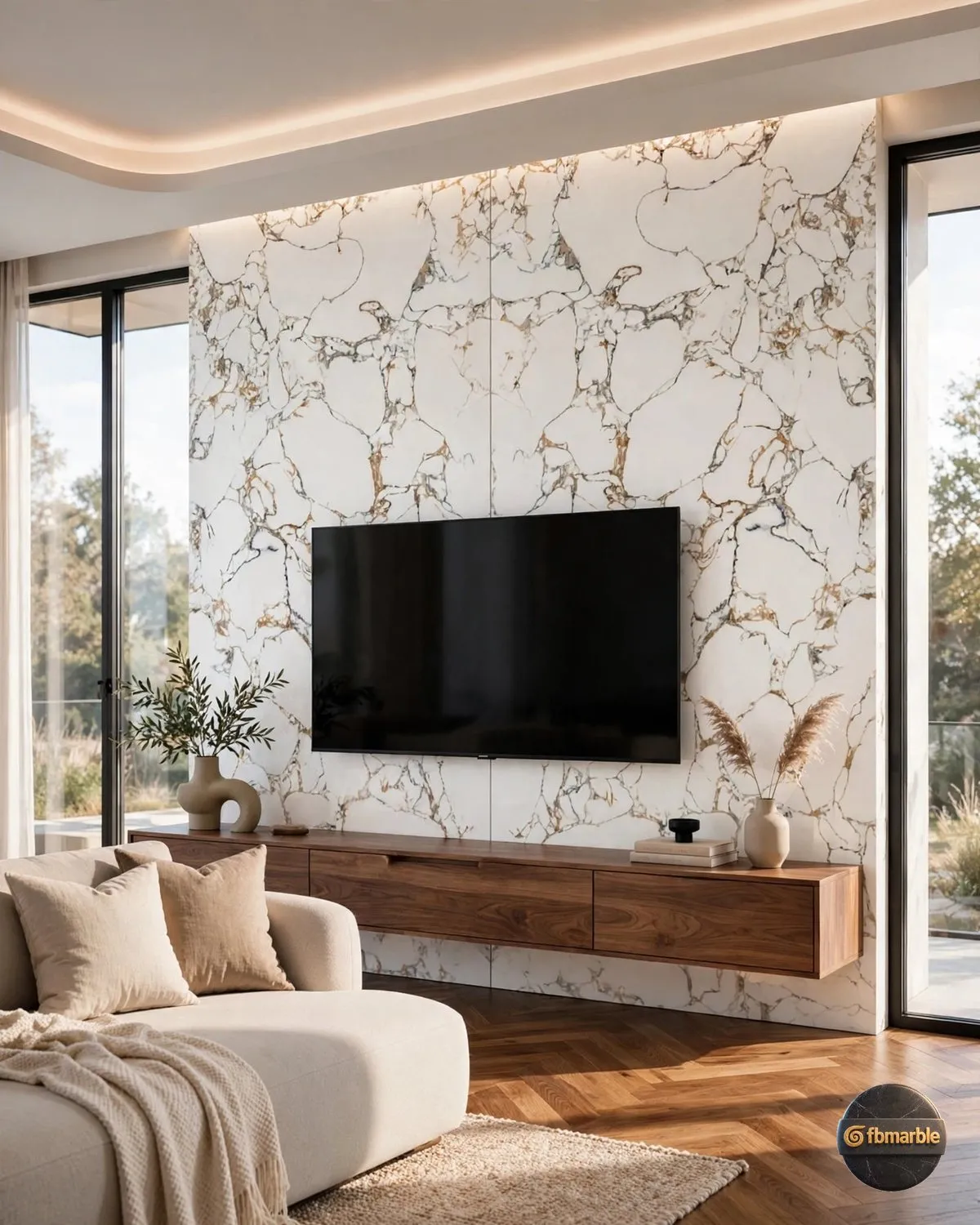 Calacatta Nova Quartz living room feature wall