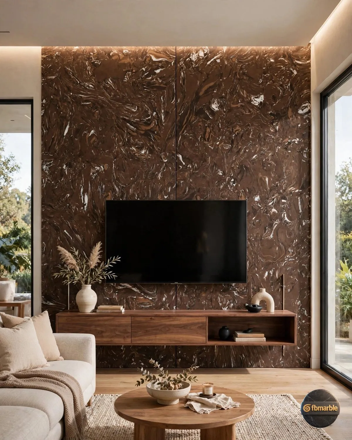 Caramel Brown Quartz living room feature wall