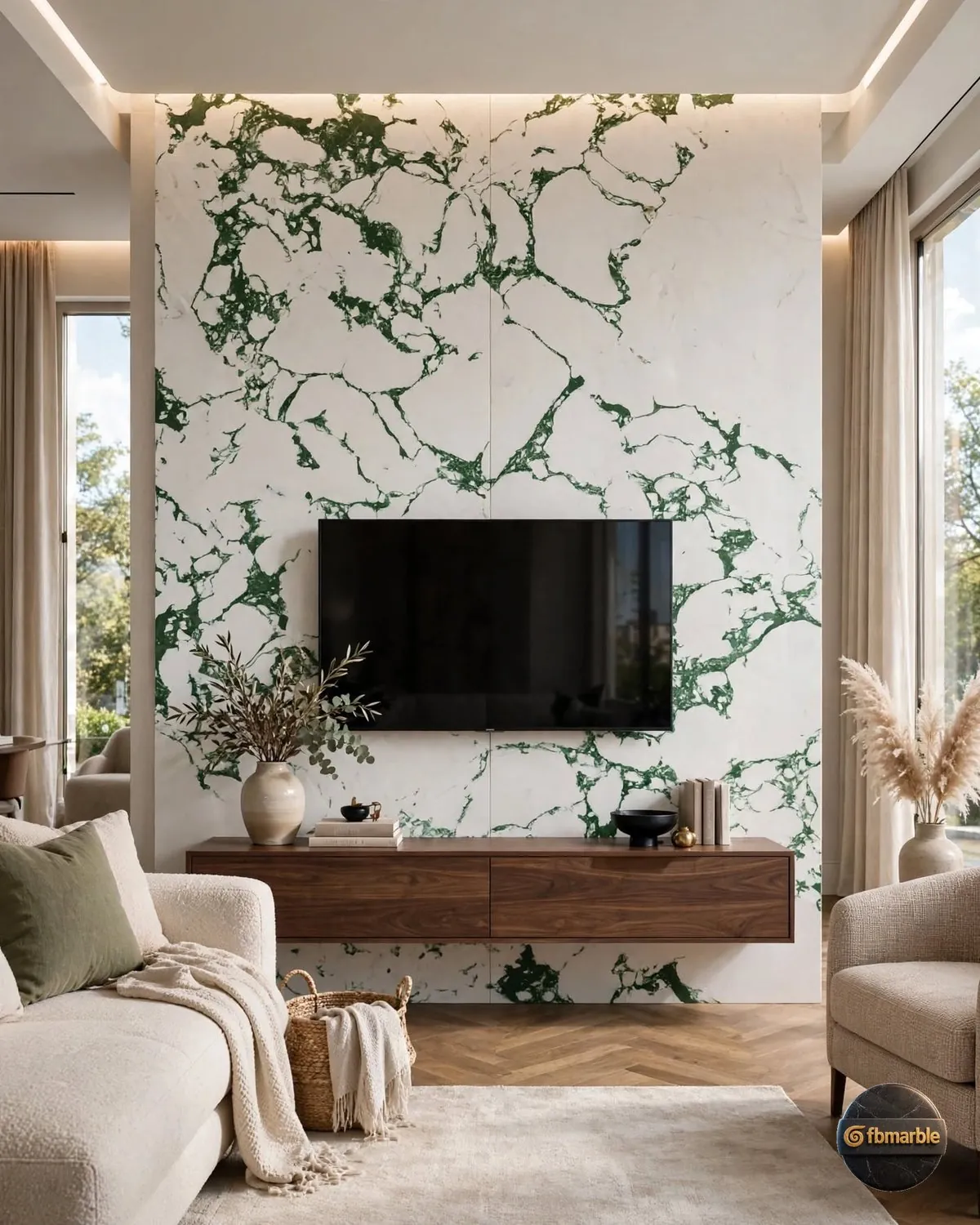 Crystal Green Quartz living room feature wall