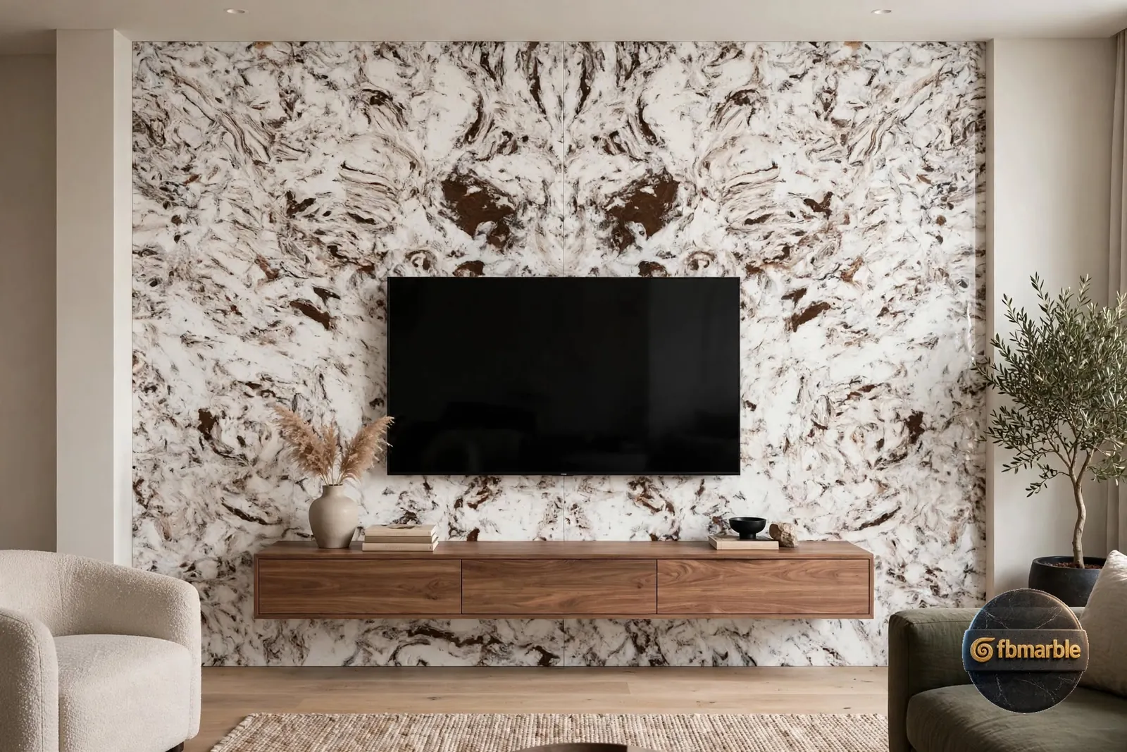 Drill Brown Quartz β white quartz with brown mirrored swirl veining, 18mm polished slab