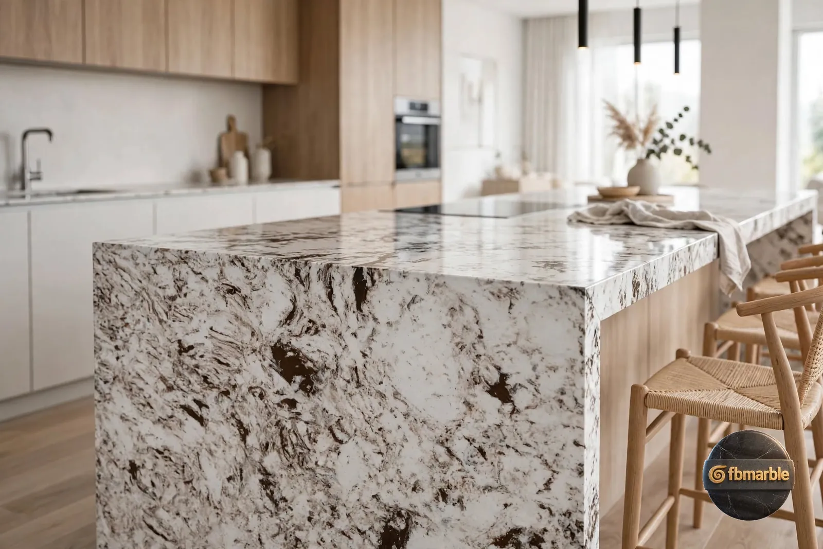 Drill Brown photo 3 β white quartz with brown mirrored swirl veining