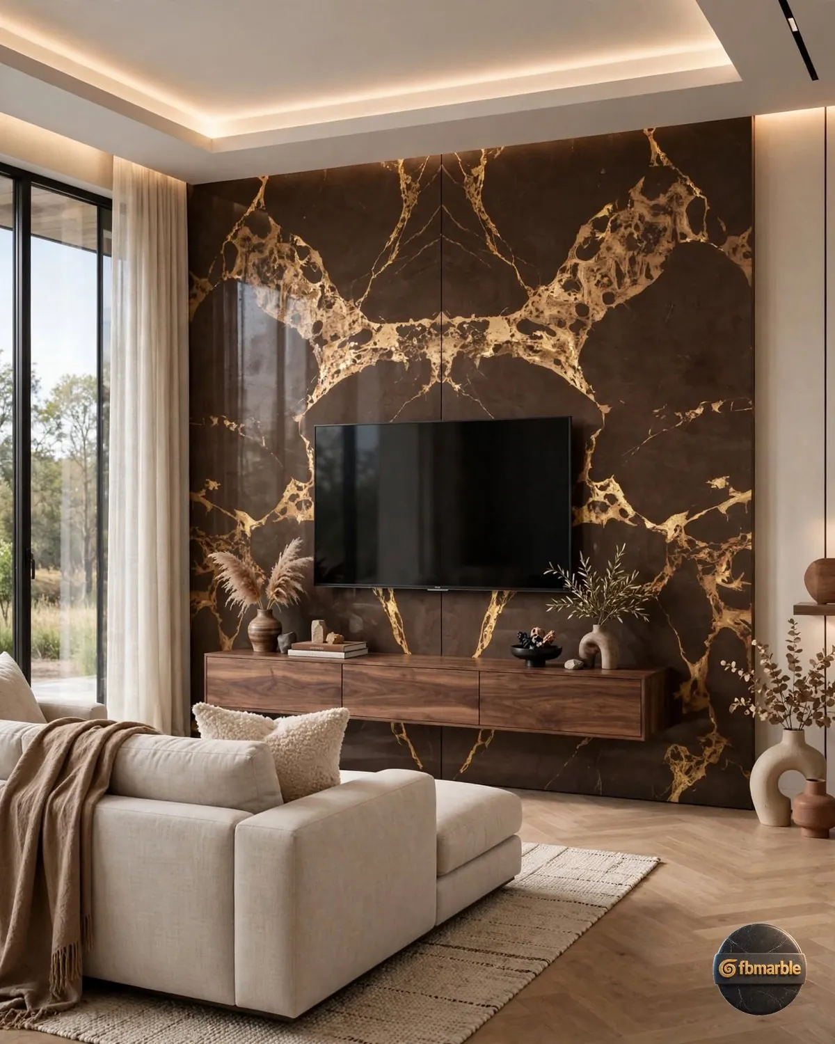 Emperador Scuro Quartz living room feature wall
