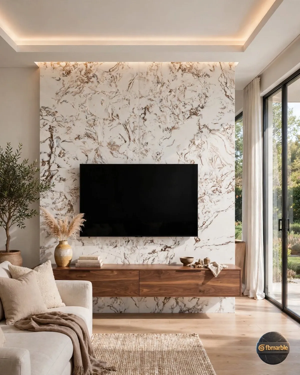 Fish Belly White Quartz living room feature wall