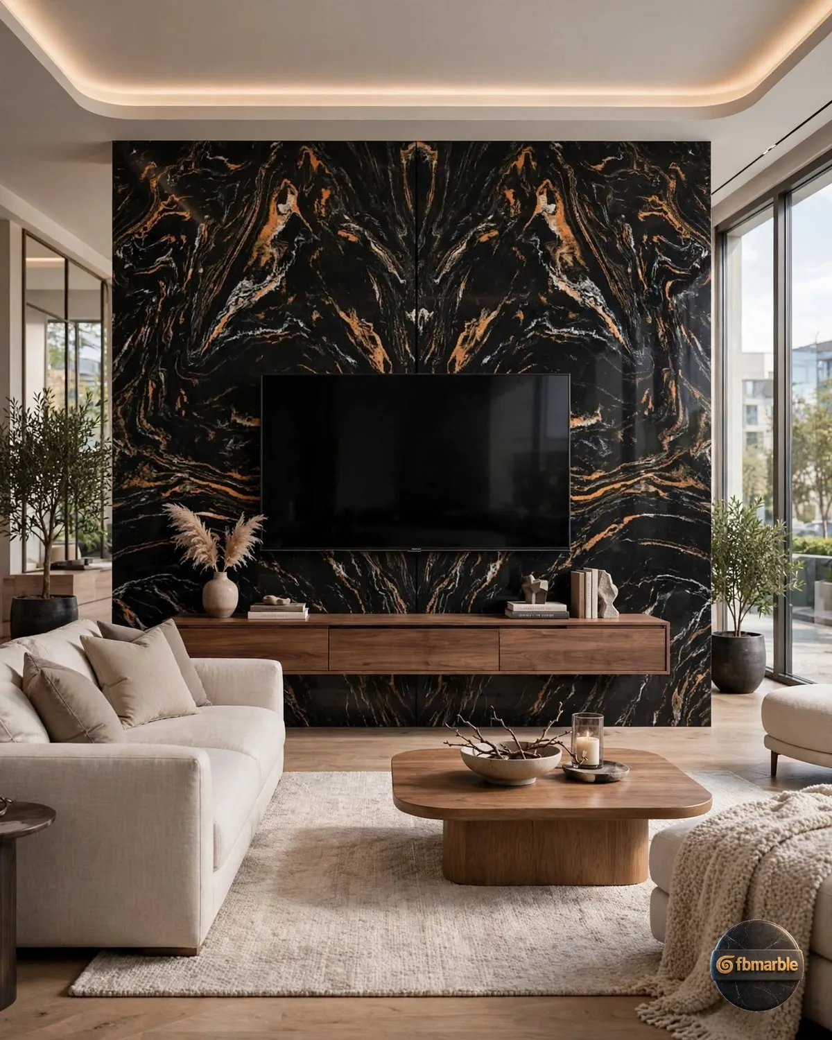 Golden Tiger Quartz living room feature wall