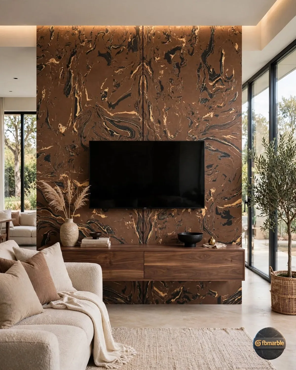 Mocha Coffee Quartz living room feature wall