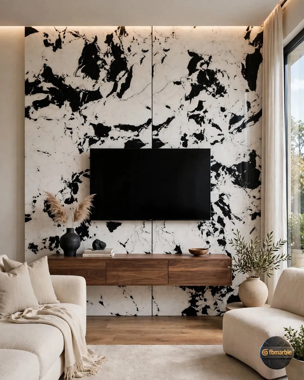 Panda Black Quartz living room feature wall