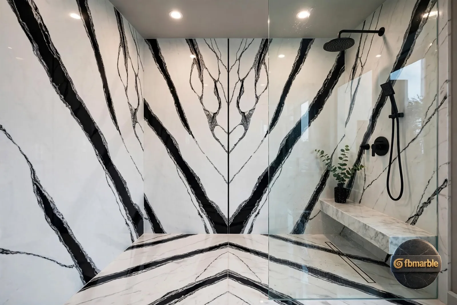 Panda White Bookmatch photo 2 – bookmatch white quartz with bold diagonal black veins