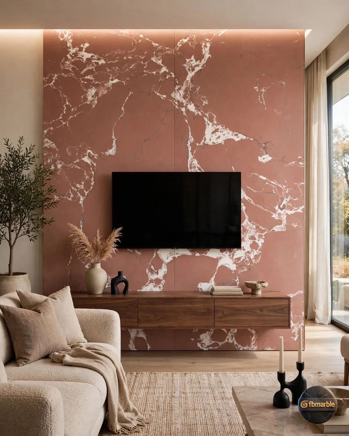 Rosso Alicante Quartz living room feature wall