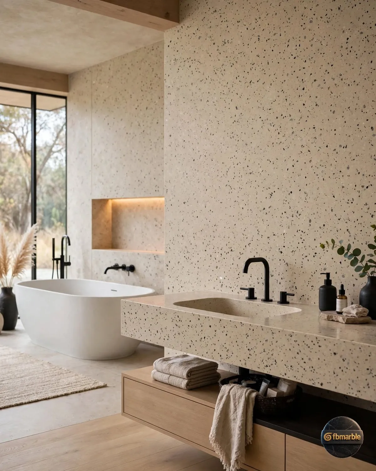 Sahara Beige Quartz bathroom