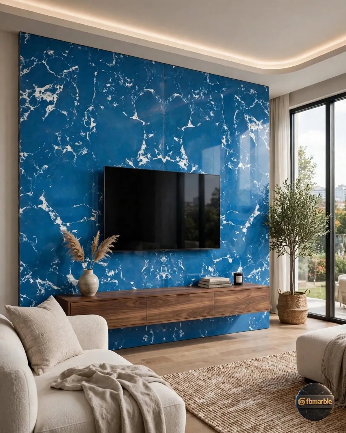 Sapphire Blue Quartz living room feature wall