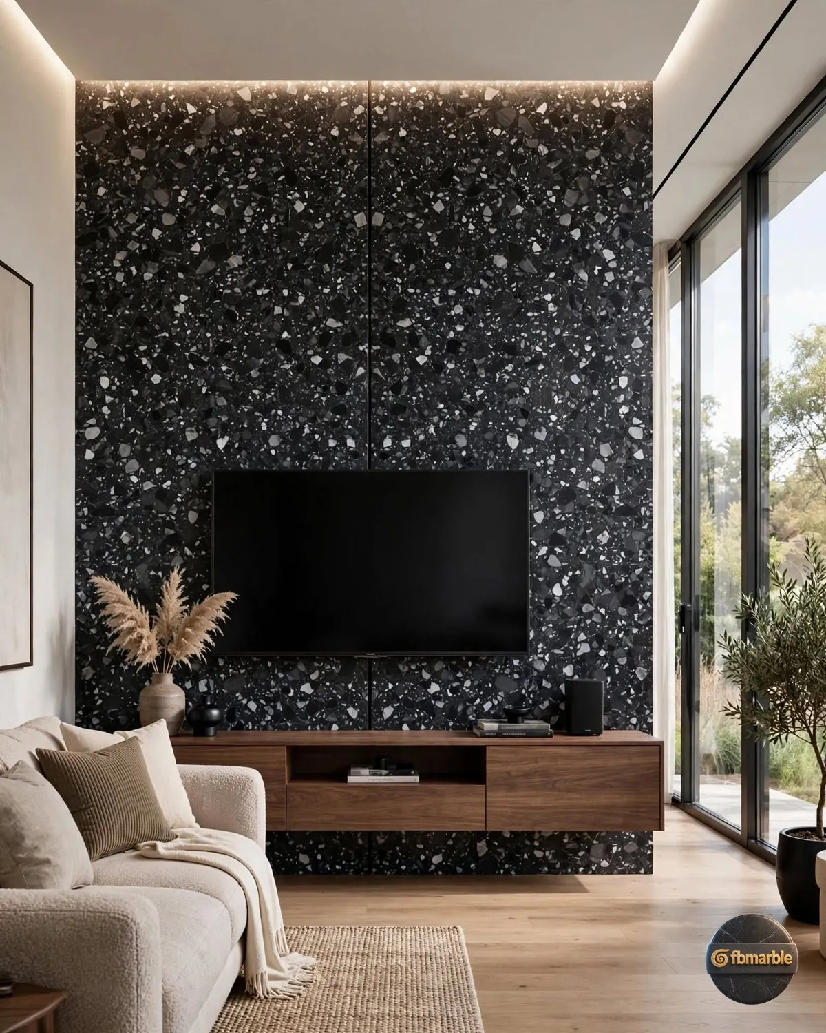 Snow Black Quartz living room feature wall