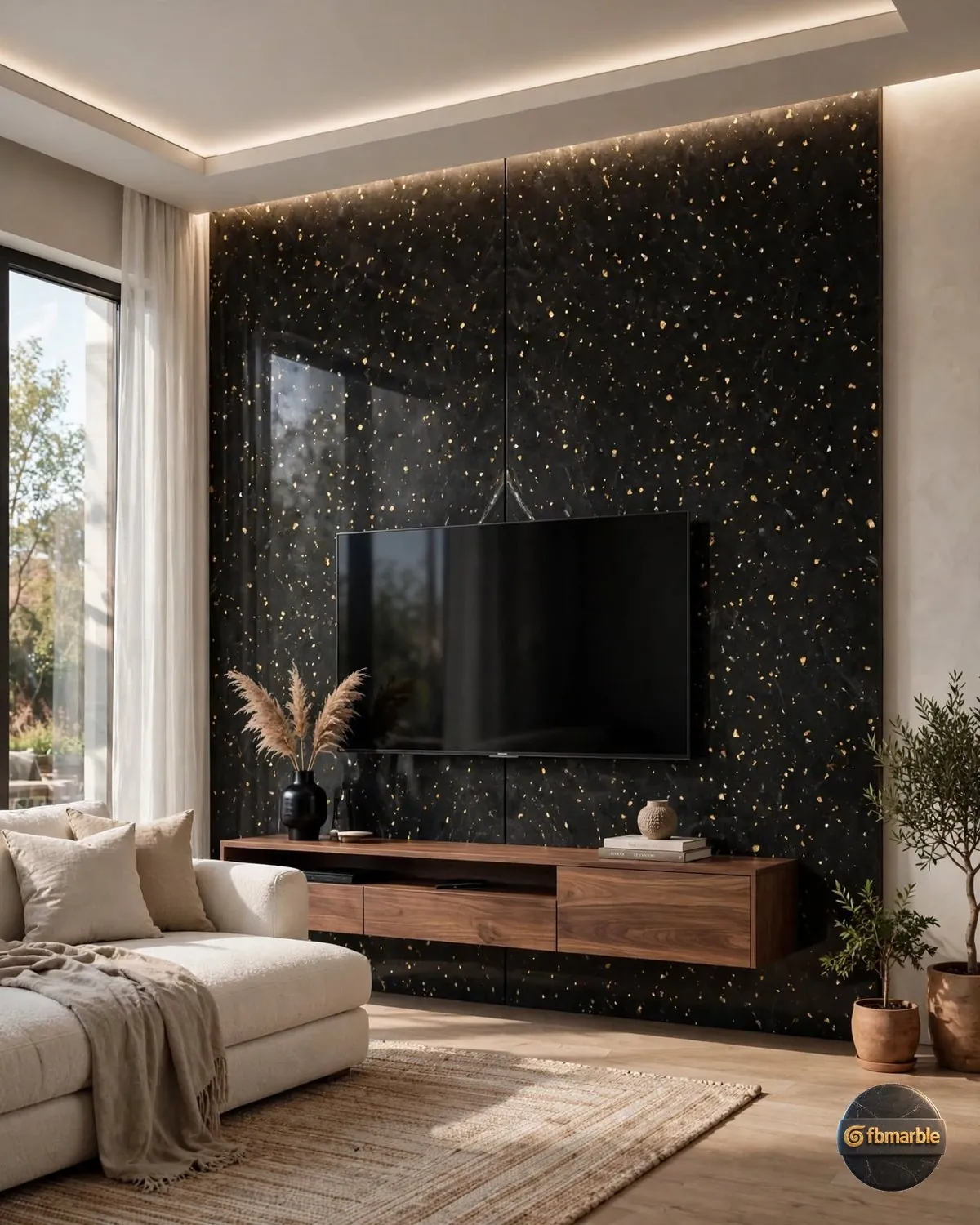 Sparkle Black Quartz living room feature wall