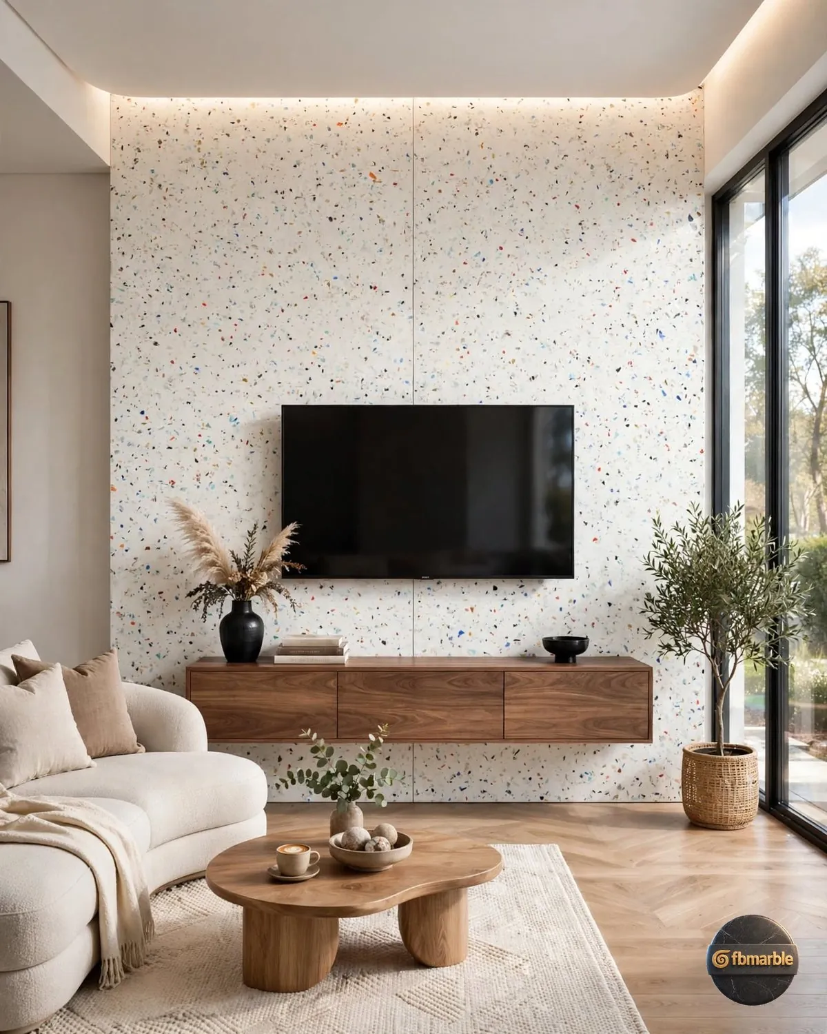 Sparkling White Quartz living room feature wall
