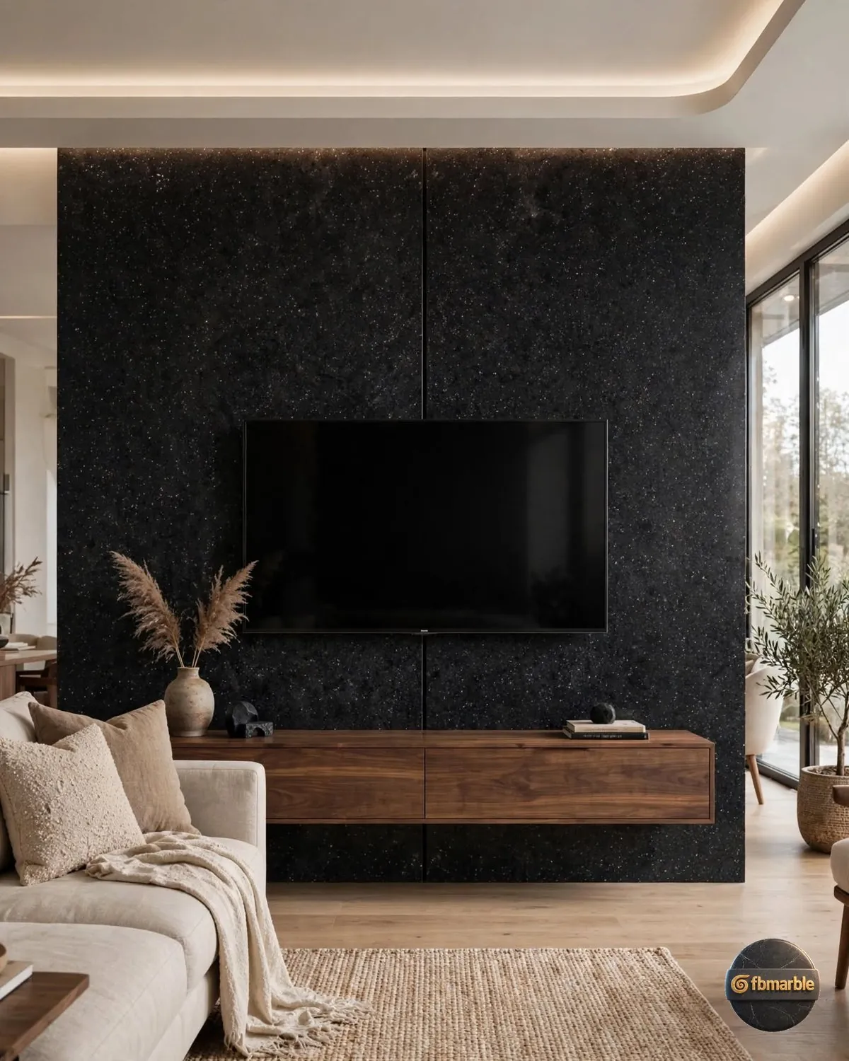 Starry Black Quartz living room feature wall