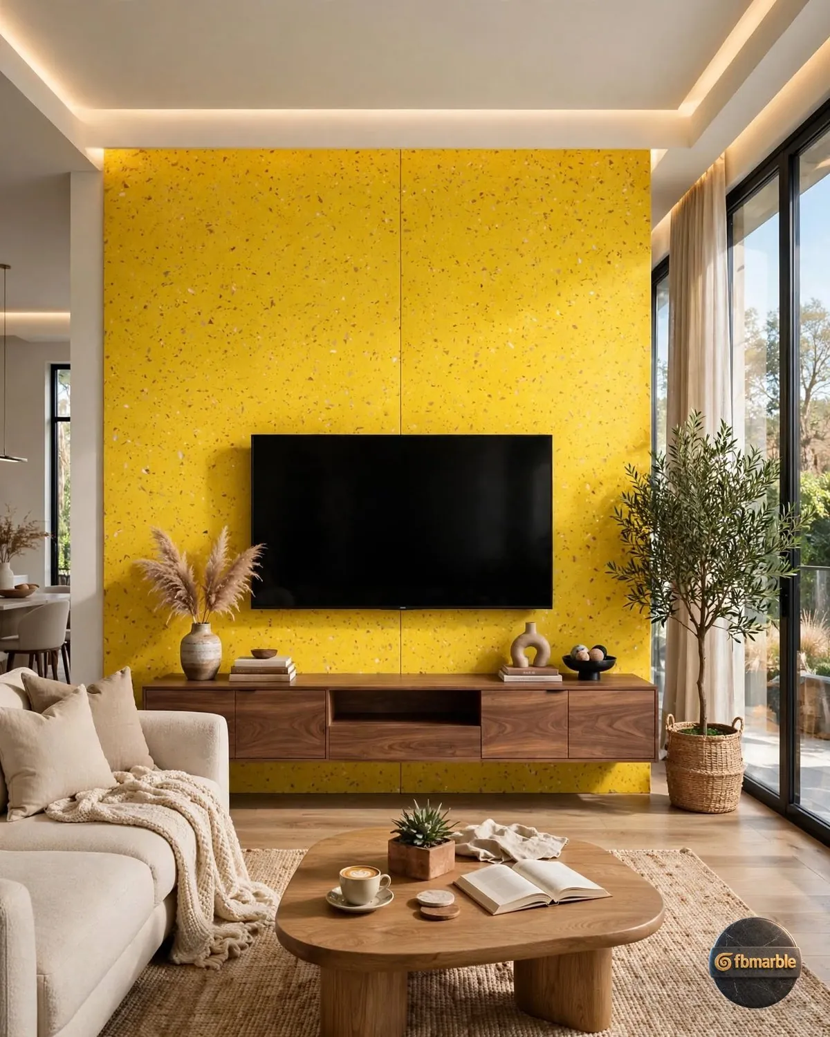 Sunrise Yellow Quartz living room feature wall