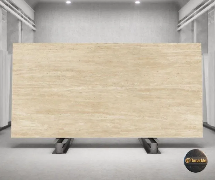 Ivory Travertine – pale ivory vein-cut travertine with fine lines, 20mm filled & honed slab